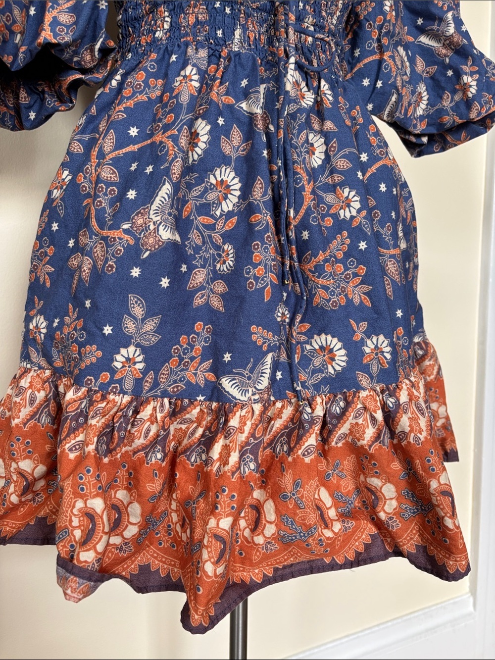 House of Harlow Navy Blue Orange Floral Puff-Sleeve Smocked Mini Dress - Picture 3 of 13